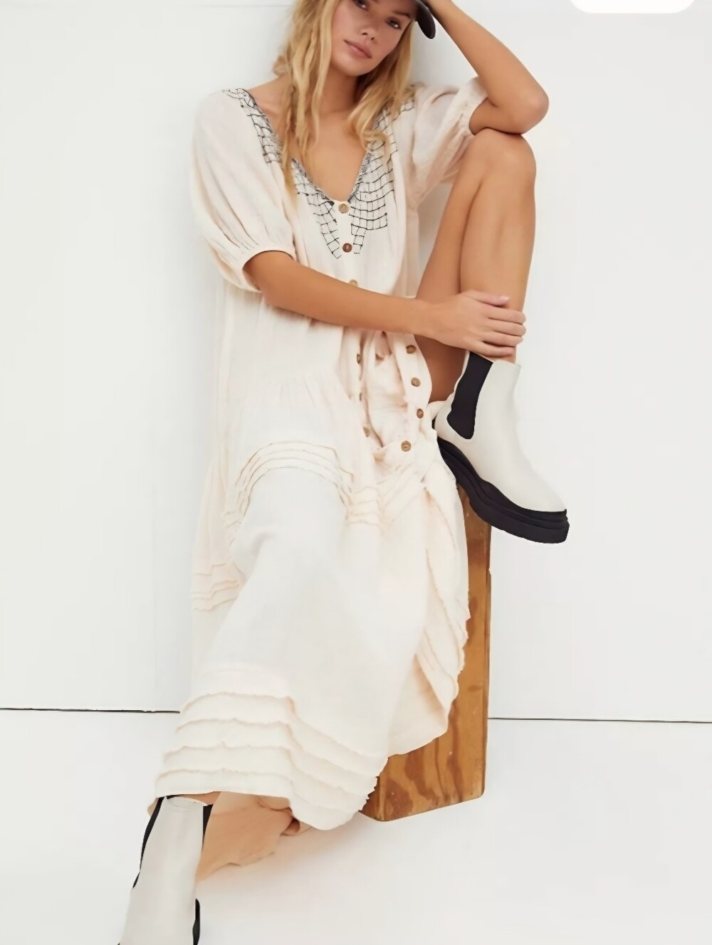 FREE PEOPLE Sunday Stroll Light Pink Smocked Embroidered Tiered Gauzy Maxi Dress - Picture 2 of 16